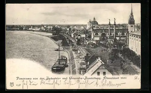 AK Düsseldorf, Industrie- u. Gewerbeausstellung 1902, Panoramablick mit Flusspartie und Boot
