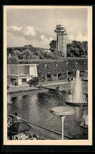 AK Essen, Gruga, Wasserstrassen mit Aussichtsturm