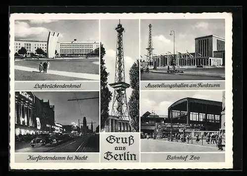 AK Berlin-Charlottenburg, Ausstellungshallen, Luftbrückendenkmal und Bahnhof Zoo