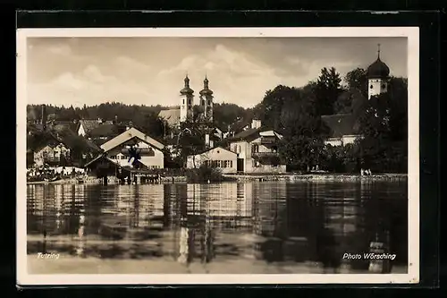 AK Tutzing, Panorama mit Kirche vom Wasser aus gesehen