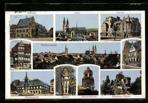 AK Halberstadt, Rathaus, Dom, Theater, Freitrepp, Bismarckturm