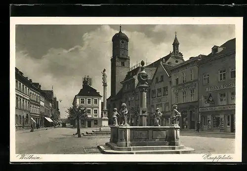 AK Weilheim, Hauptplatz mit Uhrengeschäft und Brunnen