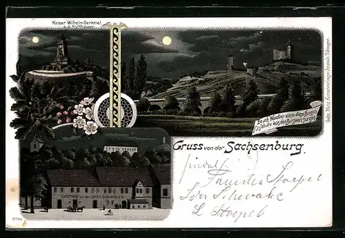 Lithographie Sachsenburg, Kaiser Wilhelm-Denkmal, Gasthof zu den drei Schwänen, Burgen