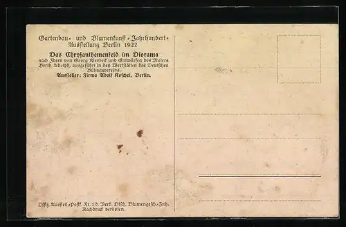 Künstler-AK Berlin, Gartenbau- und Blumenkunst-Jahrhundert-Ausstellung 1922, Das Chrysanthemenfeld im Diorama