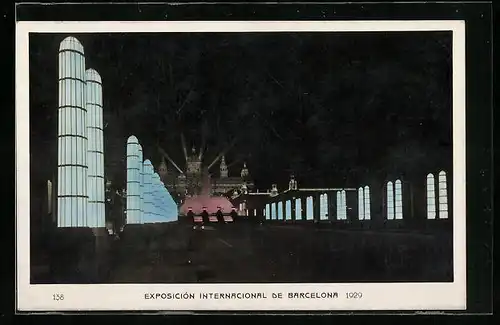 AK Barcelona, Exposicion Internacional 1929, Avenida Reina Maria Cristina, nocturna