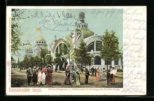 AK Düsseldorf, Industrie- und Gewerbe-Ausstellung 1902, Hörder Bergwerks- u. Hüttenverein im Hintergrund Pavillon Krupp