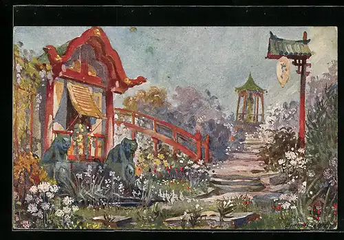 Künstler-AK Berlin, Gartenbau- und Blumenkunst-Jahrhundert-Ausstellung 1922, Japanischer Garten im Diorama