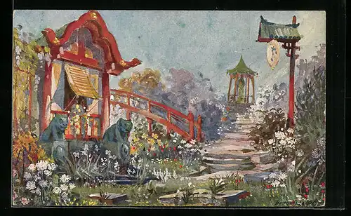 Künstler-AK Berlin, Gartenbau- und Blumenkunst-Jahrhundert-Ausstellung 1922, Japanischer Garten im Diorama