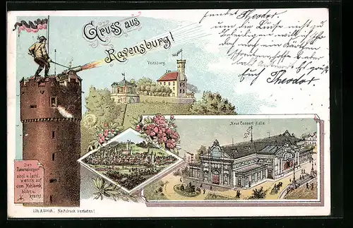 Lithographie Ravensburg, Blick auf die Veitsburg, neue Concert-Halle und feuernde Kanone