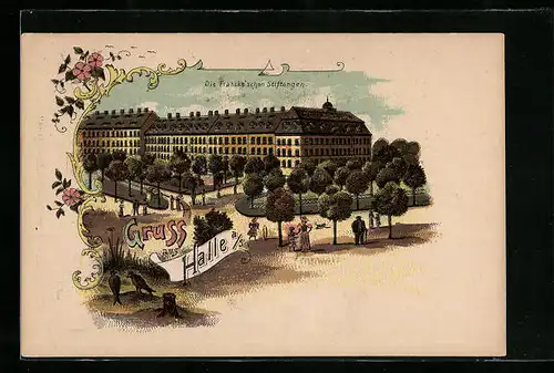 Lithographie Halle a. S., Partie a. d. Francke`schen Stiftungen