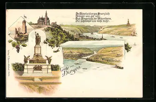 Lithographie Bingen, Kirche, Ruine, Denkmal