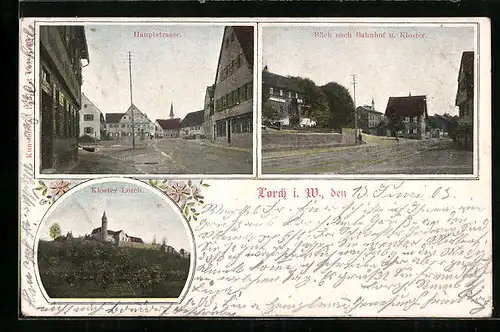 AK Lorch i. W., Hauptstrasse, Blick nach Bahnhof und Kloster, Kloster