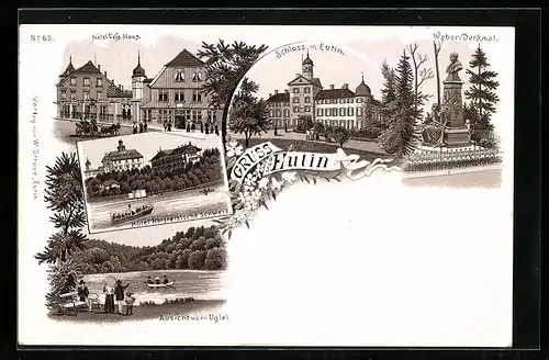Lithographie Eutin, Hotel Holsteinische Schweiz, Schloss, Weber-Denkmal