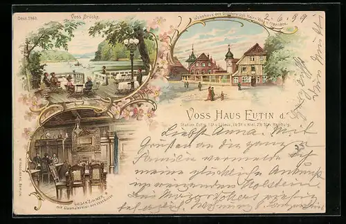 Lithographie Eutin, Wohnaus des Dichters Joh. Heinr. Voss, Luisen Zimmer mit Glasmalerein aus Voss Luise, Voss Brücke