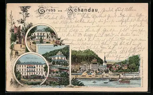 Lithographie Schandau, Schloss Bastei, Hotel zum Bad, Ruine