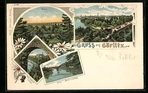 Lithographie Görlitz, Neisse mit Laufsteg, Blick durch den Viaduct, Brückenansicht