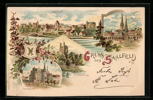 Lithographie Saalfeld, Sorbenburg, Markt mit Kirche, Rathaus
