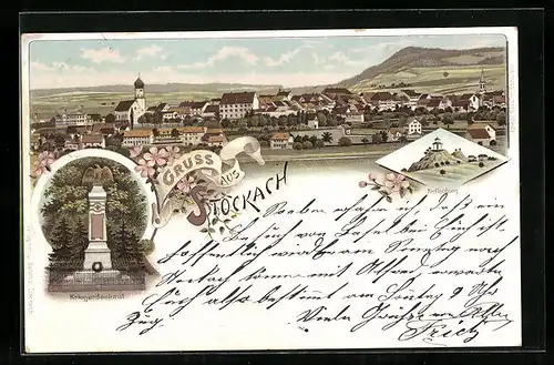 Lithographie Stockach, Totalansicht mit weitblick, Kriegerdenkmal, Nellenburg