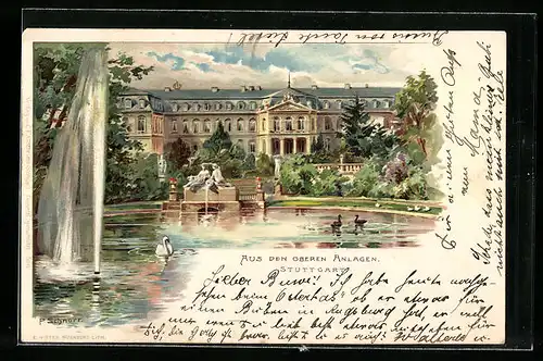Lithographie Stuttgart, aus den oberen Anlagen, am Wasserspiel