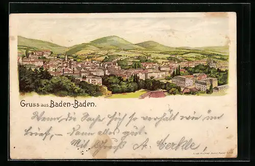 Lithographie Baden-Baden, Gesamtansicht aus der Vogelschau