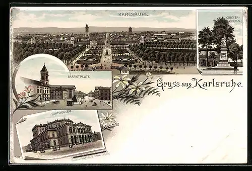 Lithographie Karlsruhe, Gesamtansicht aus der Vogelschau, Krieger-Denkmal, Marktplatz, Hoftheater