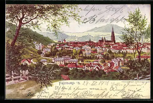 Lithographie Freiburg i. B., Ortsansicht mit Umland