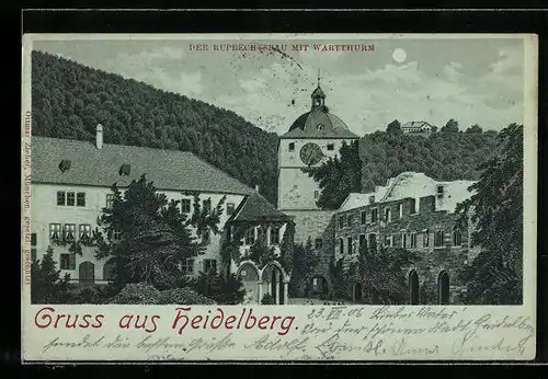 Mondschein-AK Heidelberg, der Ruprechtsbau mit Wartthurm