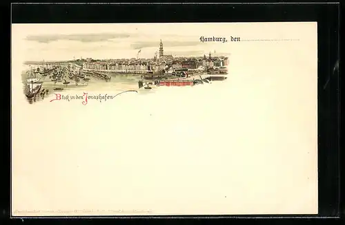 Lithographie Hamburg-Neustadt, Blick in den Jonashafen