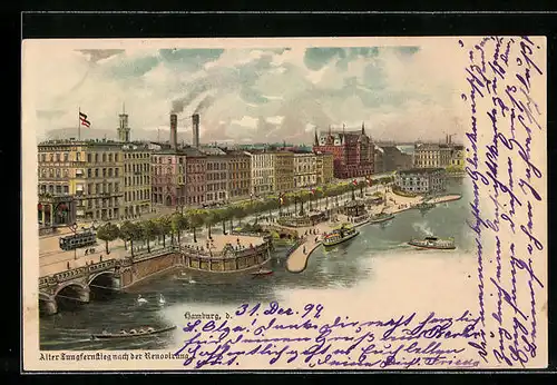 Lithographie Hamburg-Neustadt, Ortspanorama mit Bootsanlegestelle und Strassenbahn