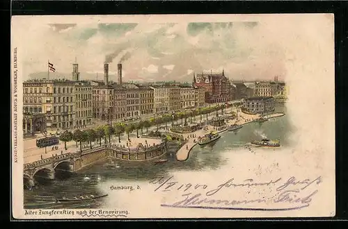 Lithographie Hamburg-Neustadt, Ortspanorama mit Bootsanlegestelle und Strassenbahn