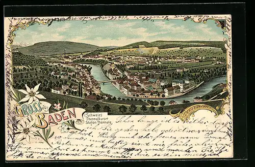 Lithographie Baden, Totalansicht mit Weitblick