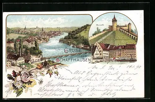 Lithographie Schaffhausen, Ortsansicht, Munoth