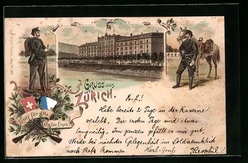 Lithographie Zürich, Soldaten und Partie am Wasser