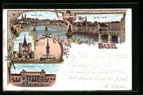 Lithographie Basel, Alte Rhein-Brücke, Spalenthor, Fischmarktbrunnen, Centralbahnhof