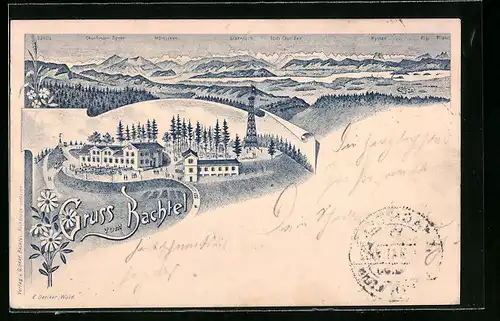 Lithographie Hinwil, Gruss vom Bachtel und Bergpanorama