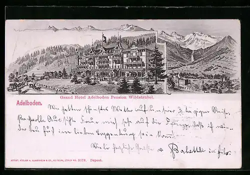 Lithographie Adelboden, Grand Hotel Adelboden, Pension Wildstrubel