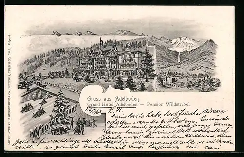 Lithographie Adelboden, Grand Hotel Adelboden, Pension Wildstrubel