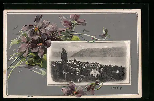 Präge-AK Pully, Totale im Passepartout, Veilchen