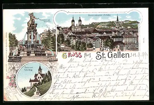 Lithographie St. Gallen, Restaurant Falkenburg, Monumentalbrunnen, Gesamtansicht über die Dächer