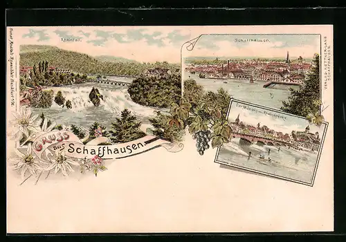 Lithographie Schaffhausen, Munoth mit Rheinbrücke, Rheinfall, Ortsansicht