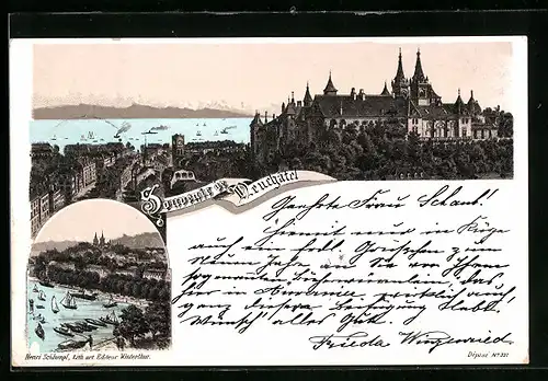 Lithographie Neuchâtel, Ortsansicht mit Schloss