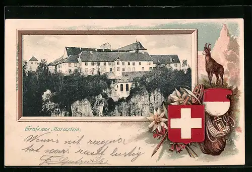 Passepartout-Lithographie Mariastein, Ortsansicht mit Wappen und Gämse