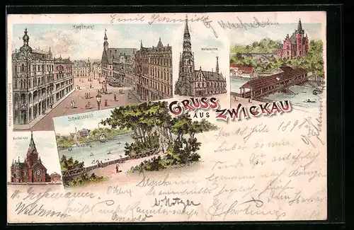 Lithographie Zwickau, Hauptmarkt, Marienkirche, Paradiesbrücke, Moritzkirche und Schwanenteich