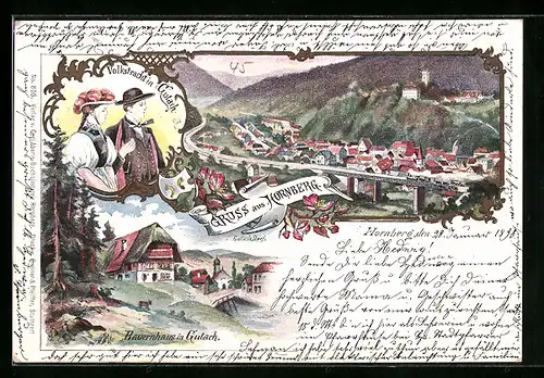 Lithographie Hornberg, Ortsansicht, Bauernhaus in Gutach, Volkstrachten