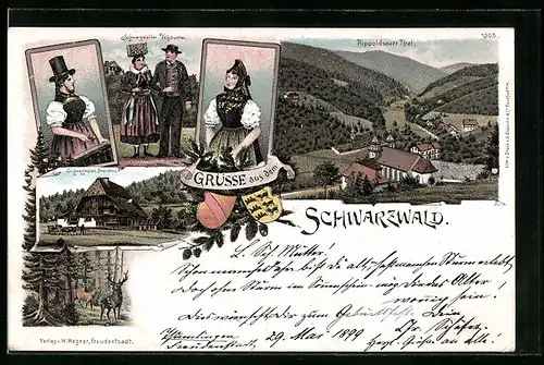 Lithographie Rippoldsau, Blick ins Tal, Schwarzwälder Volkstrachten, Bauernhaus