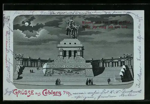 Lithographie Coblenz a / Rh., Kaiser Wilhelm I. Denkmal am deutschen Eck