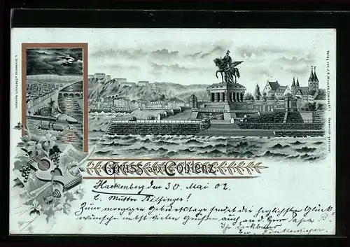 Lithographie Koblenz, Denkmal Kaiser Wilhelm des Grossen, Totalansicht