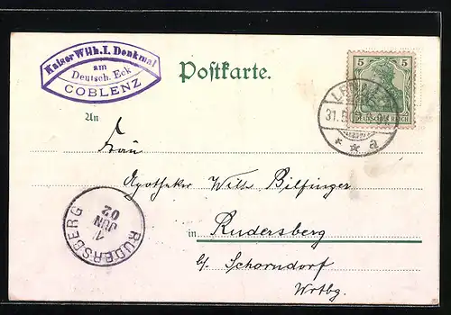 Lithographie Koblenz, Denkmal Kaiser Wilhelm des Grossen, Totalansicht