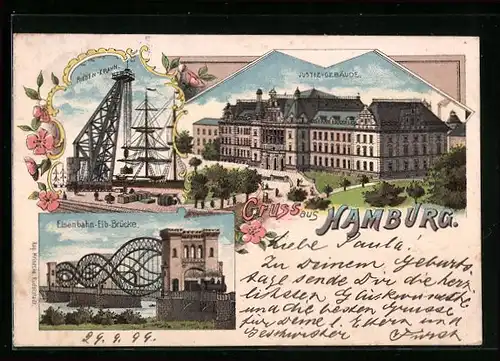 Lithographie Hamburg-Neustadt, Riesen-Krahn, Justizgebäude, Elb-Brücke