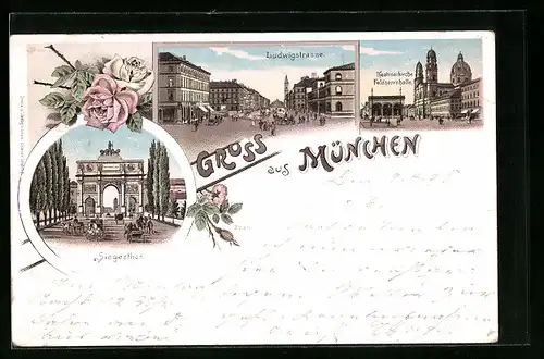 Lithographie München, Siegesthor, Ludwigstrasse, Theatinerkirche